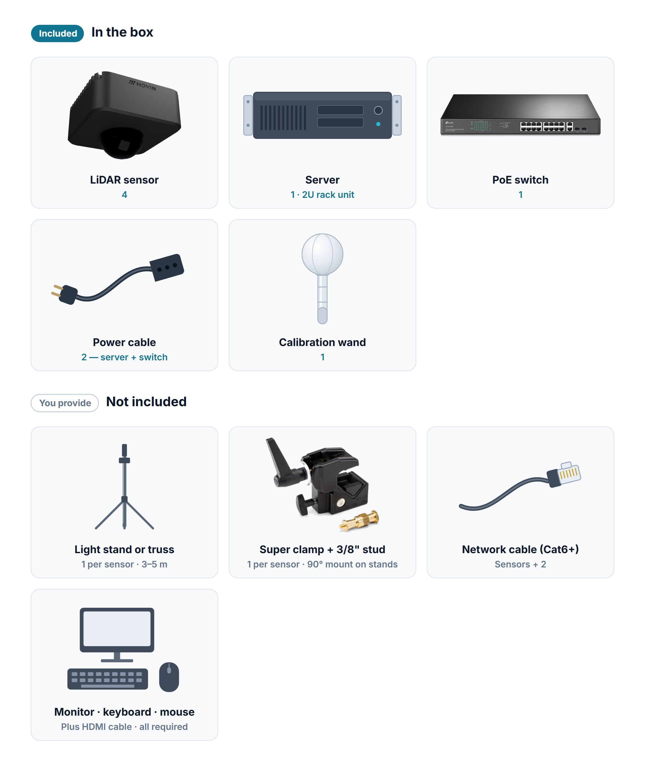 Kit contents — LiDAR sensors, server, PoE switch and calibration wand in the box; stand, super clamp and network cable provided by you