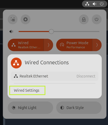 Wired Connections with Wired Settings highlighted