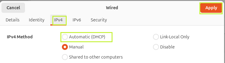 The IPv4 tab with Automatic (DHCP) and Apply highlighted