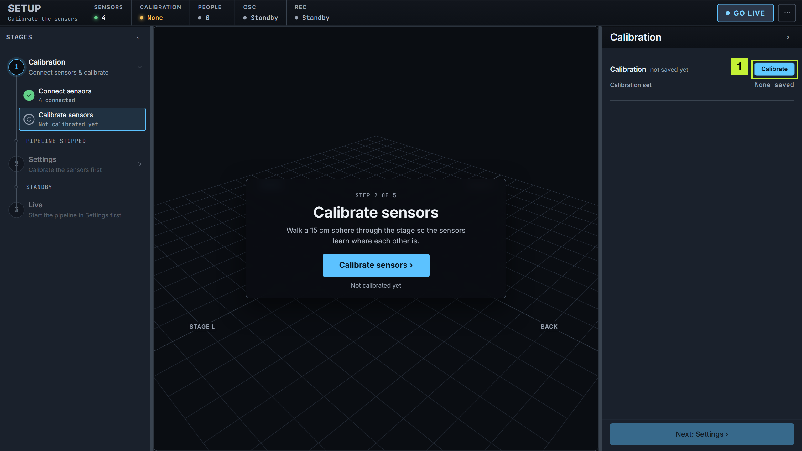 Calibrate button in the Calibrate sensors panel
