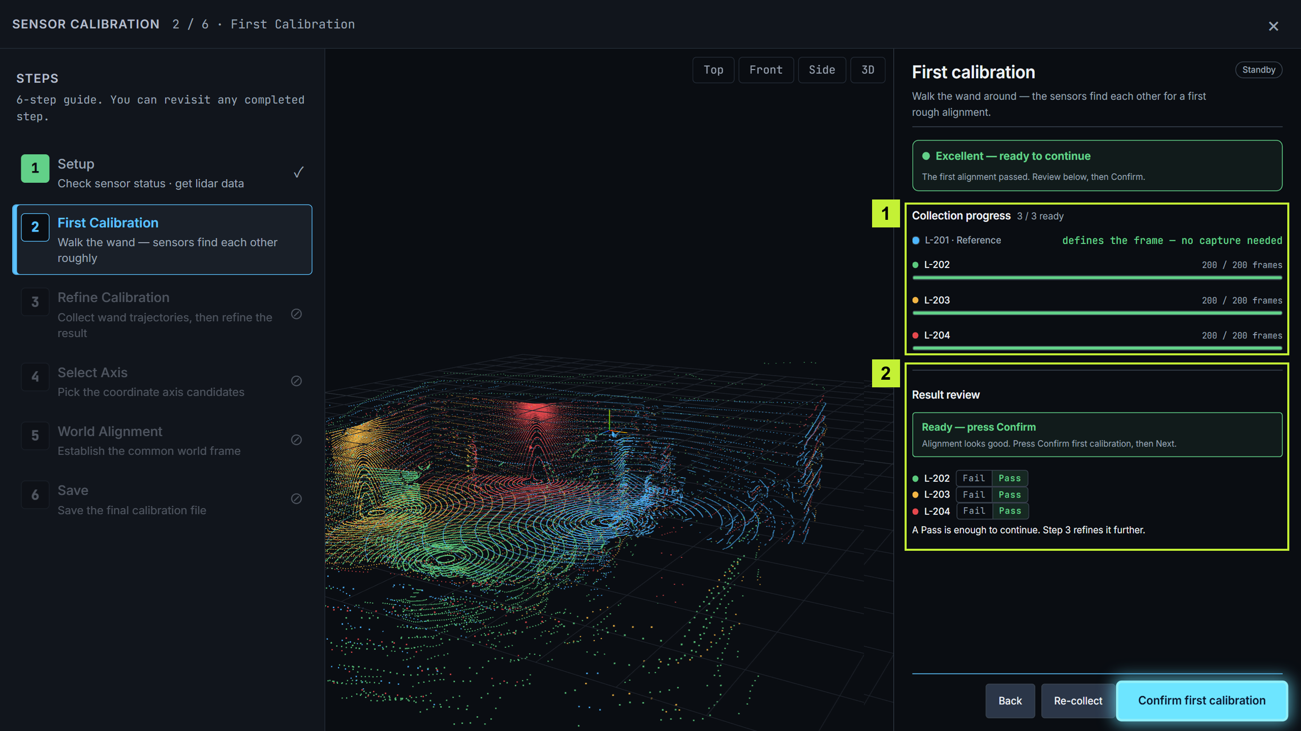 Completed collection progress and first calibration result review highlighted