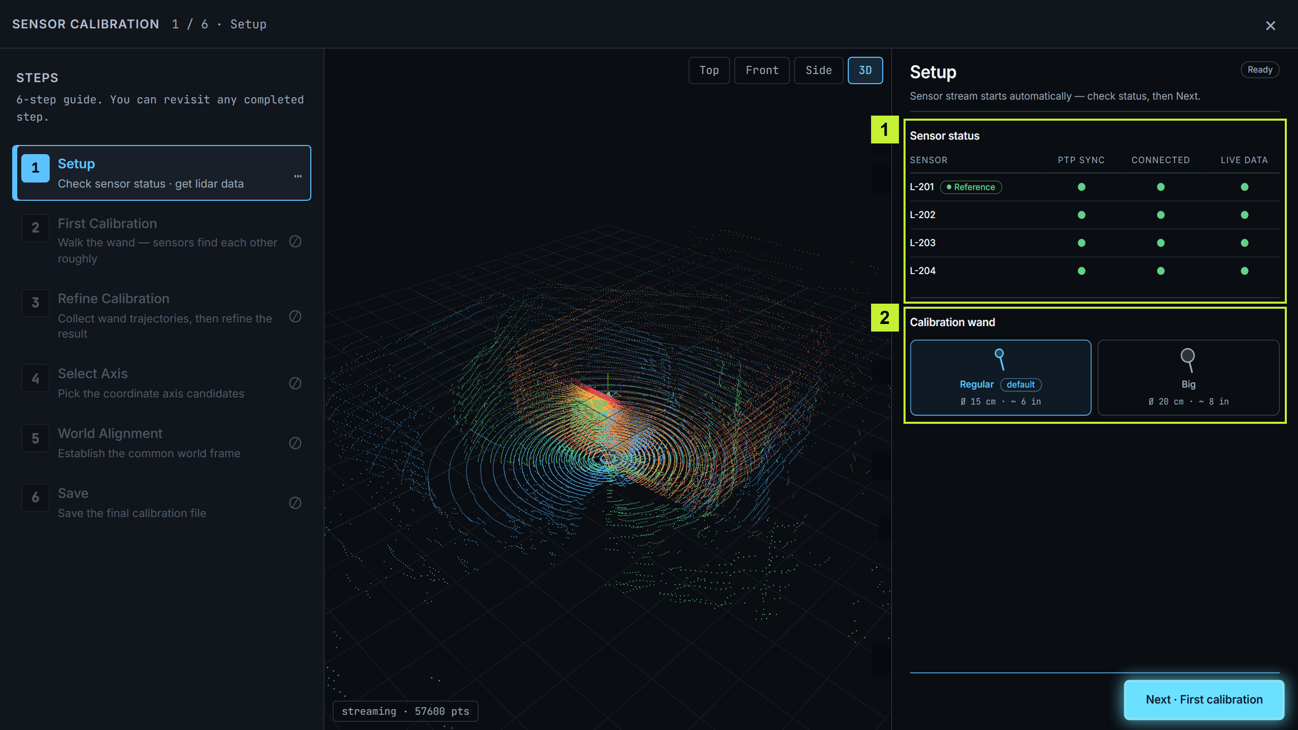 Setup with sensor status and calibration wand selection highlighted