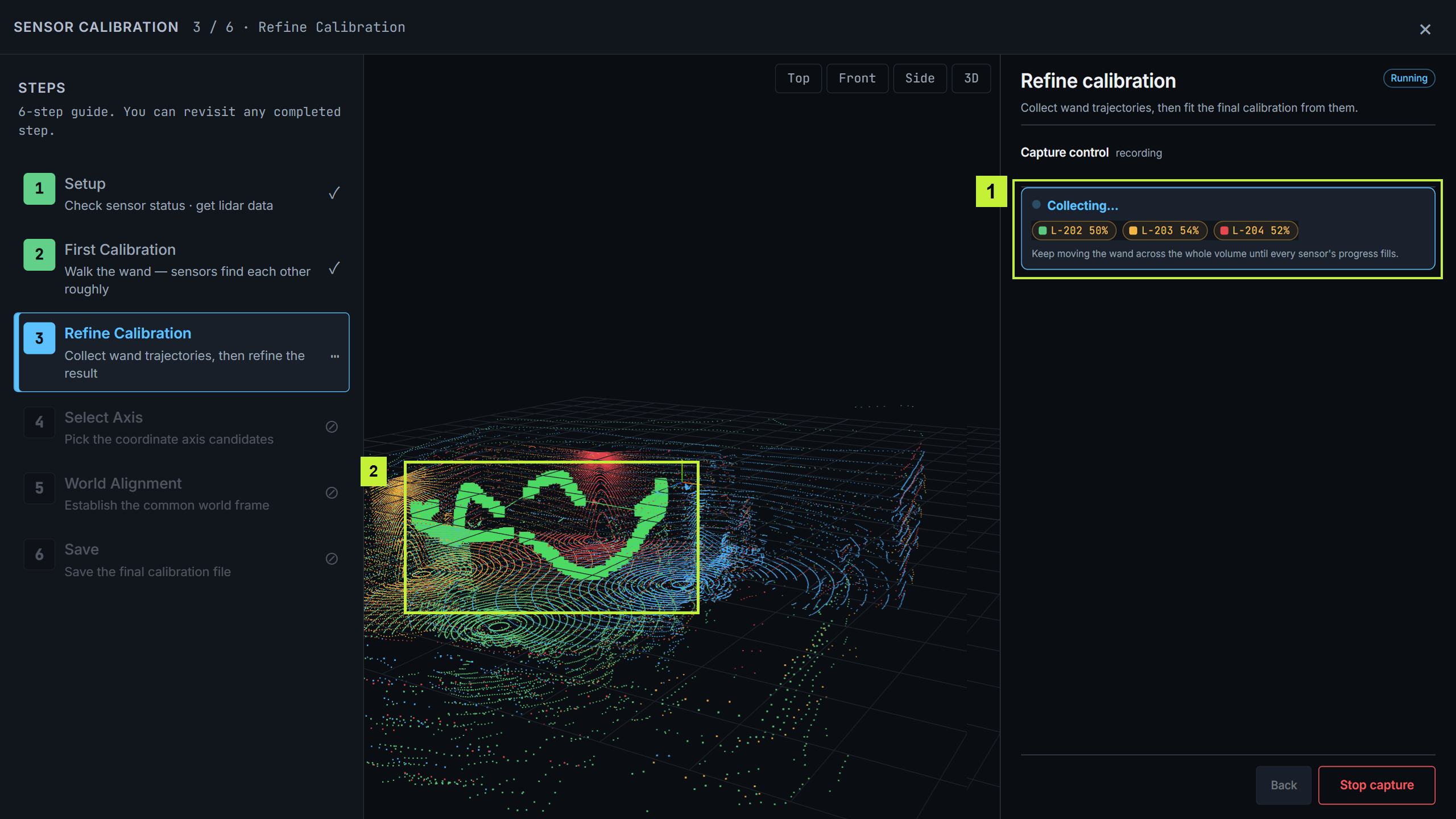 Refine calibration sensor progress and wand trajectories highlighted