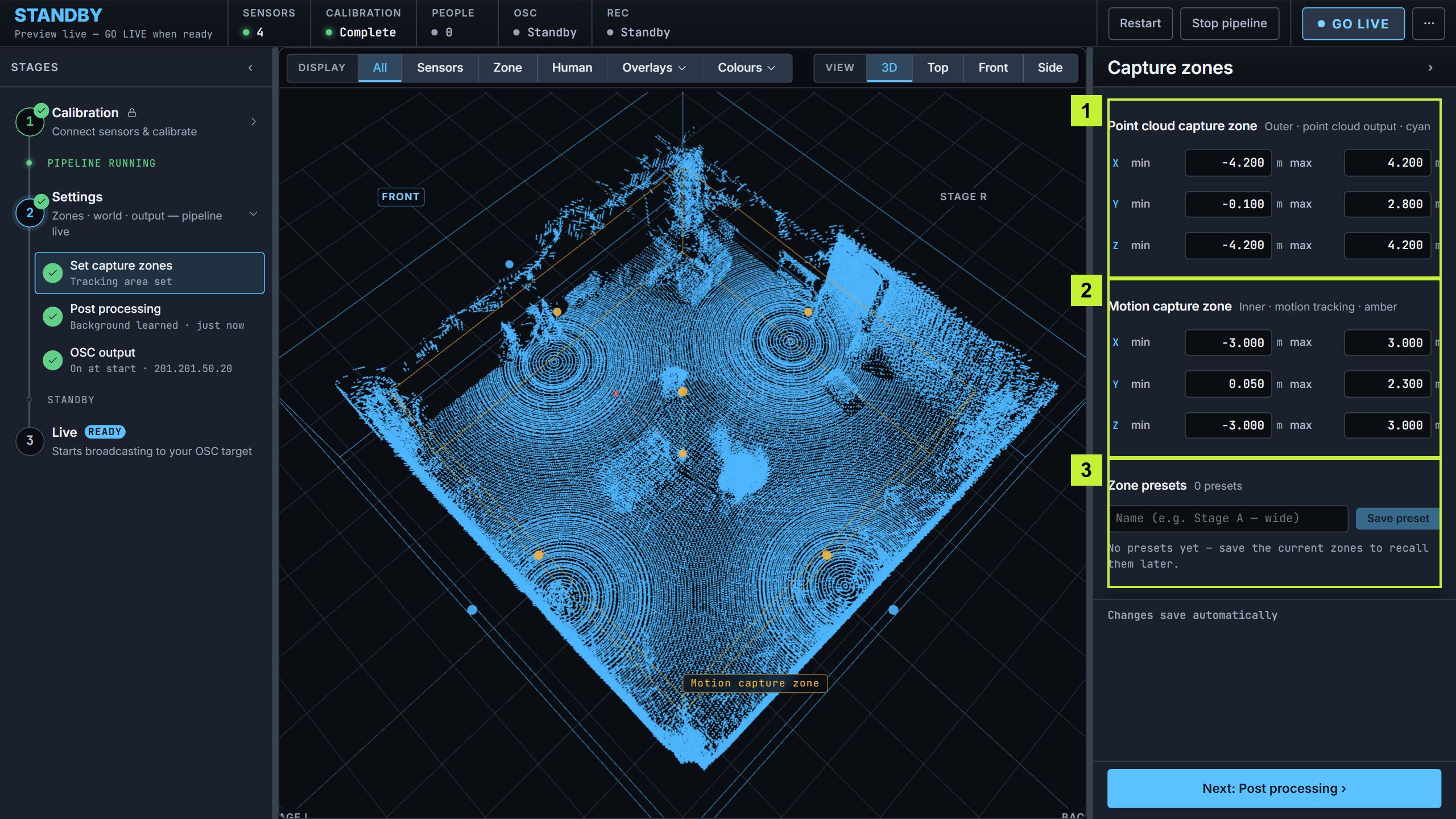 Capture zones over the live point cloud