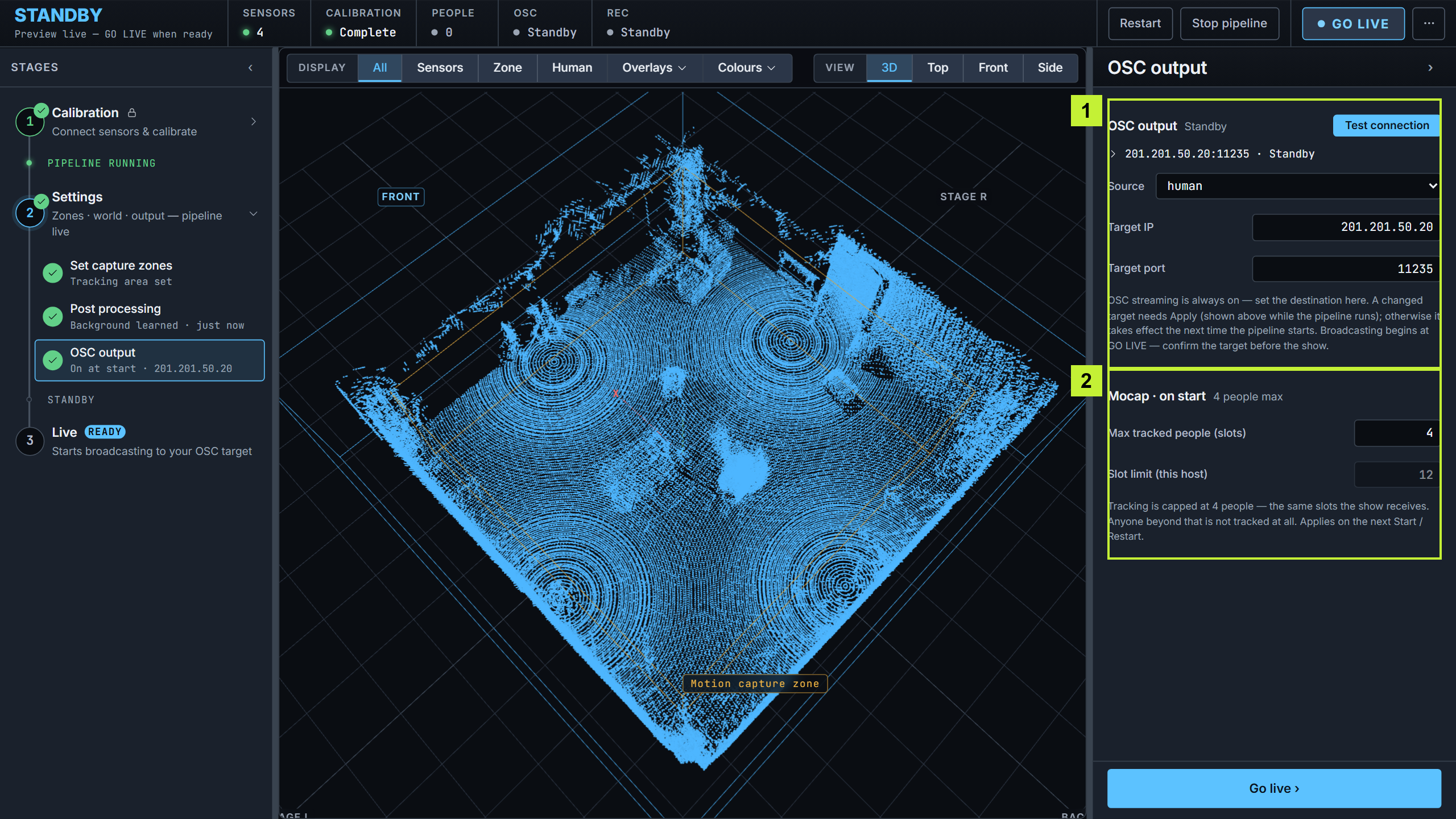 OSC output — target, source, and mocap settings